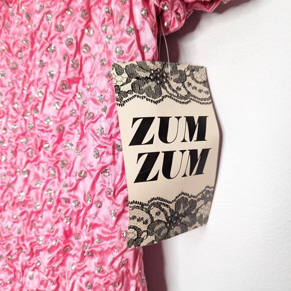 Vintage Zum Zum Pink Off The Shoulder Mini Ruched Silver Glitter Sweetheart Neck - Picture 9 of 12